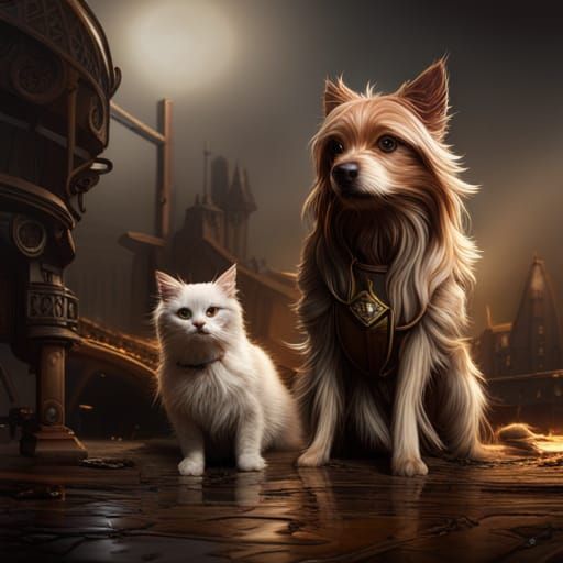 Hyperdetailed Cat and Dog in Dark Fantasy Style
