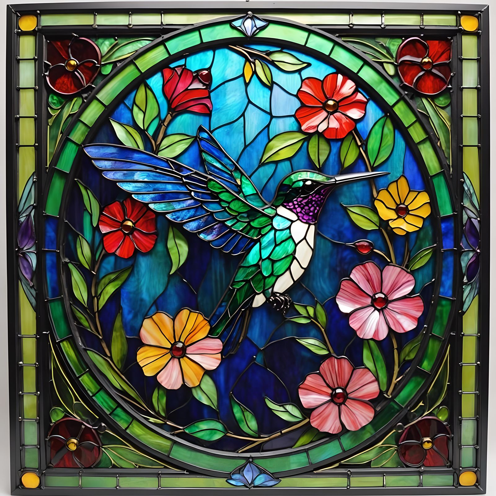 Vibrant Stained Glass Hummingbird in Flight