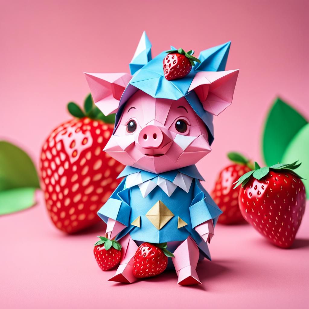 Cute Pig Gnome on Strawberry Origami Papercraft