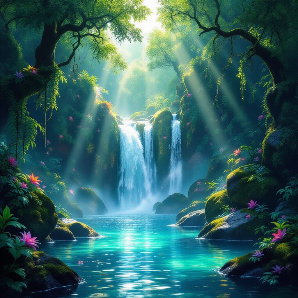 Enchanted Forest Waterfall in Photorealistic Concept Art