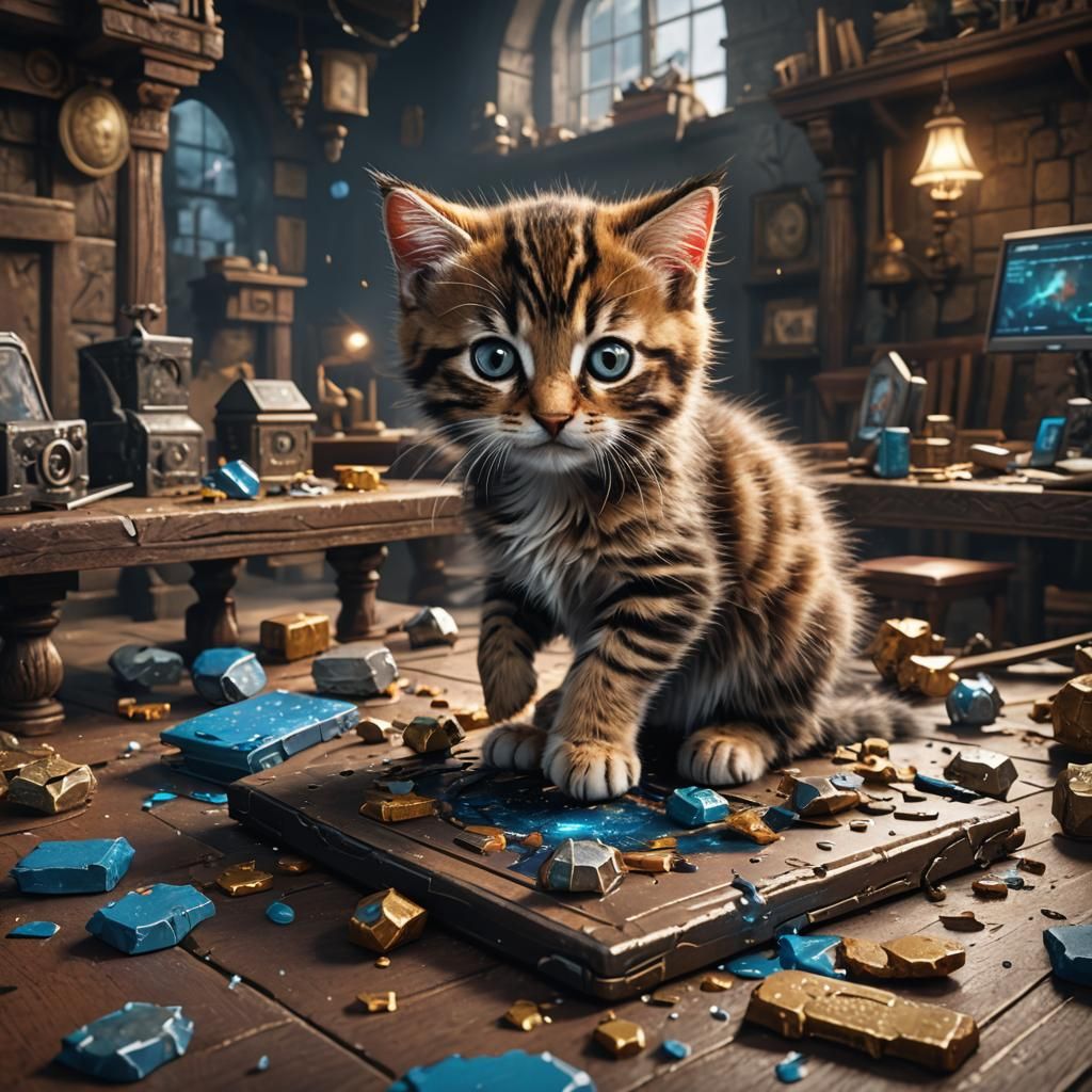 Kitten Knocks Computer Off Table: Fantasy Concept Art