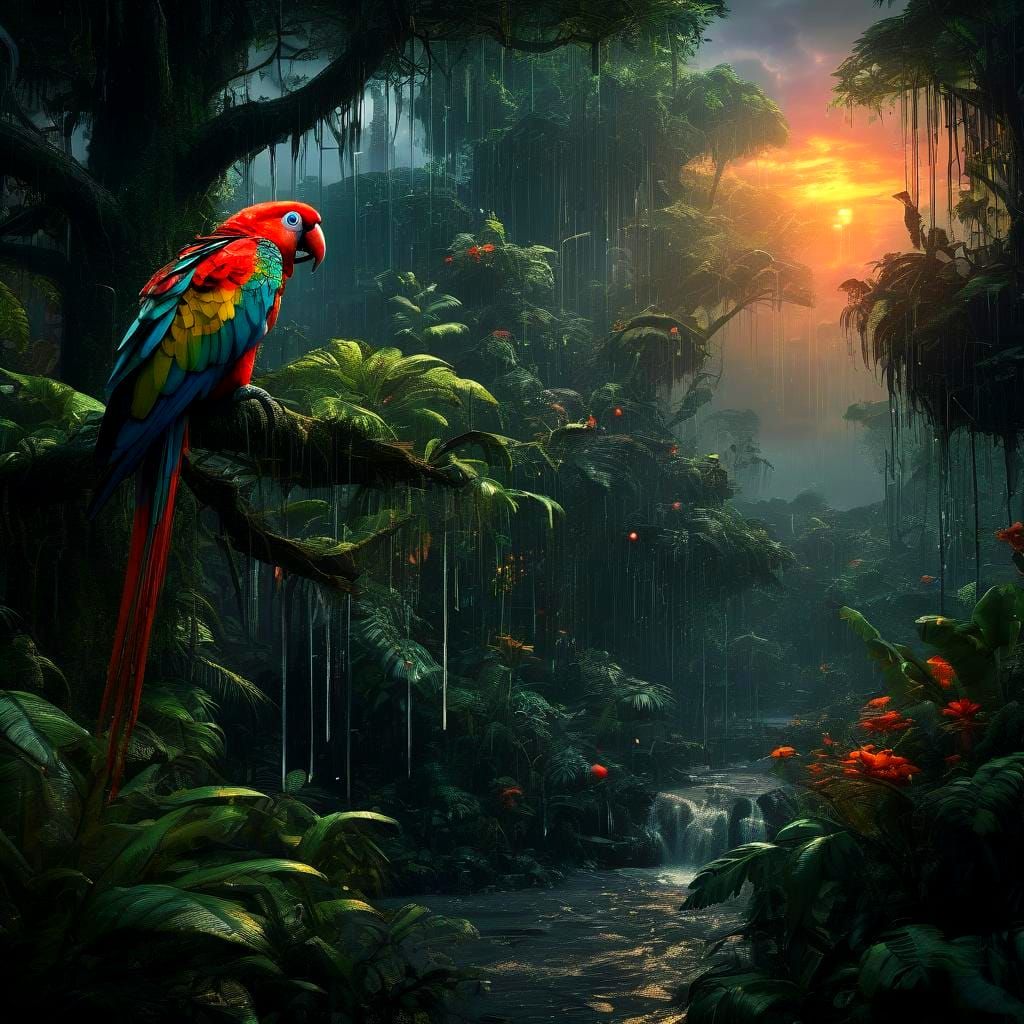 Enchanted Rainforest Parrot in Dark Fantasy Art