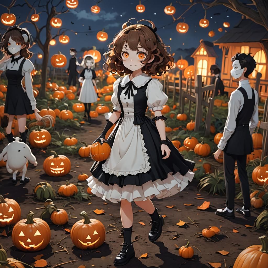 Anime Girl Struggles With Pumpkin Mask in Patch