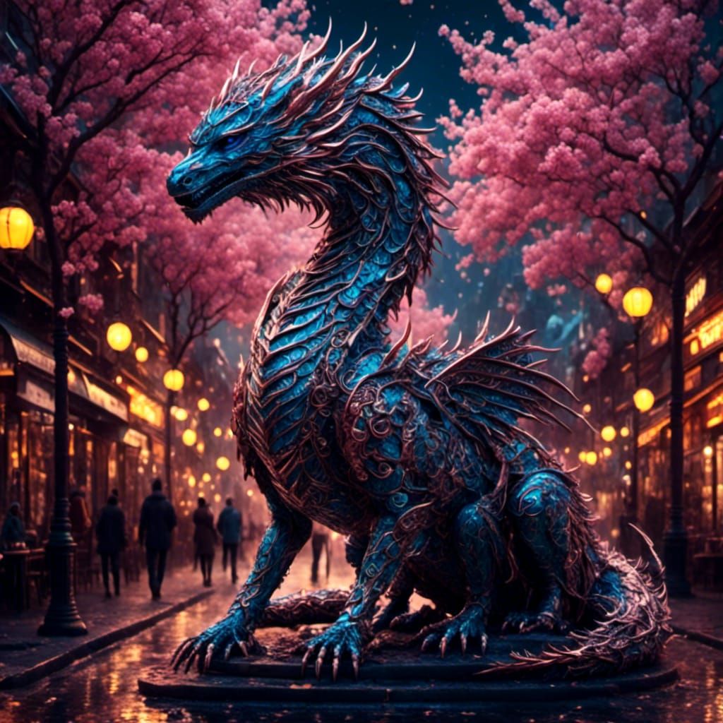Cybernetic Ceramic Dragon in Futuristic Cityscape