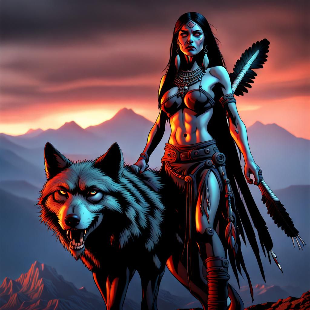 Undead Native American Woman with Wolf Overlooking Mountains