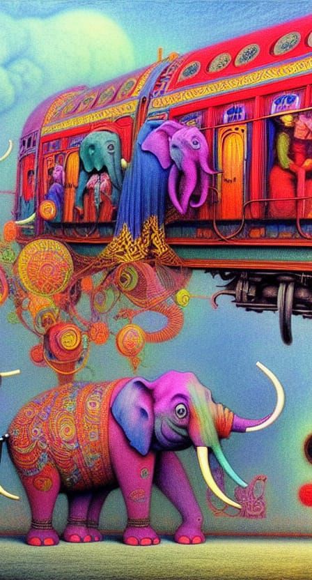 Vibrant Circus Train in Surreal Tonalist Style