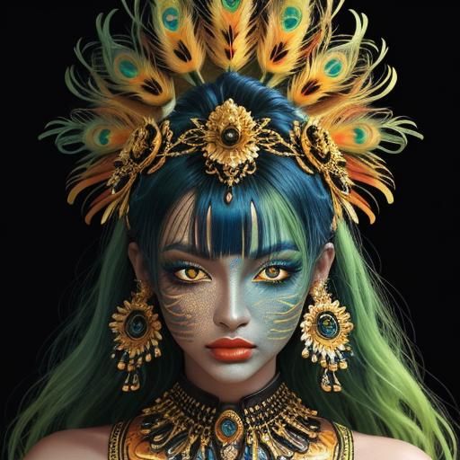 Abstract Portrait: Woman with Gold Skin and Peacock Feathers