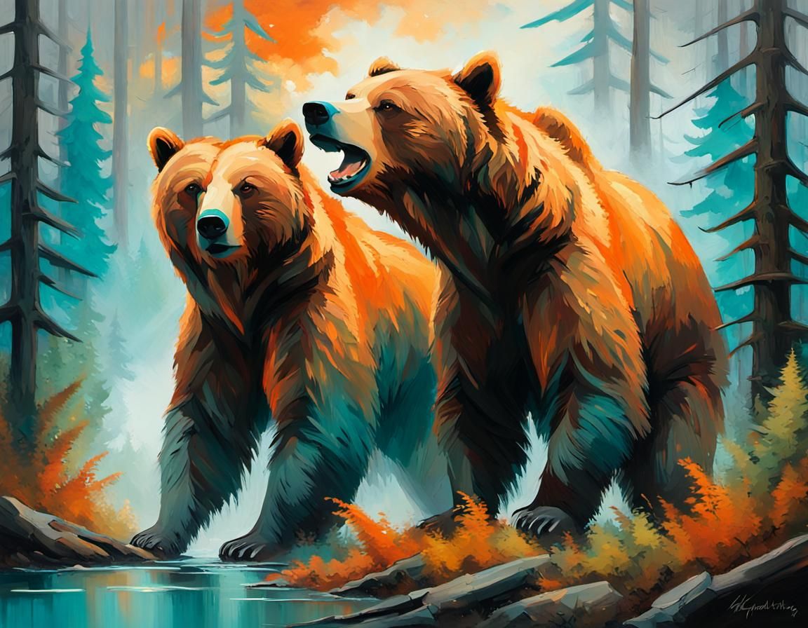 Kodiak Bears Clash in Expressionist Wildlife Art