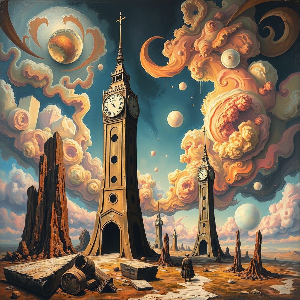 Surreal Dreamscape with Melting Clock Towers and Swirling Cl...