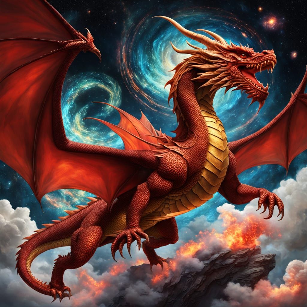 Celestial Dragon Soaring Through Cosmos in Art Nouveau Style