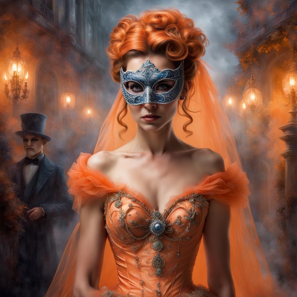 Woman in Orange Gown at Masquerade Ball