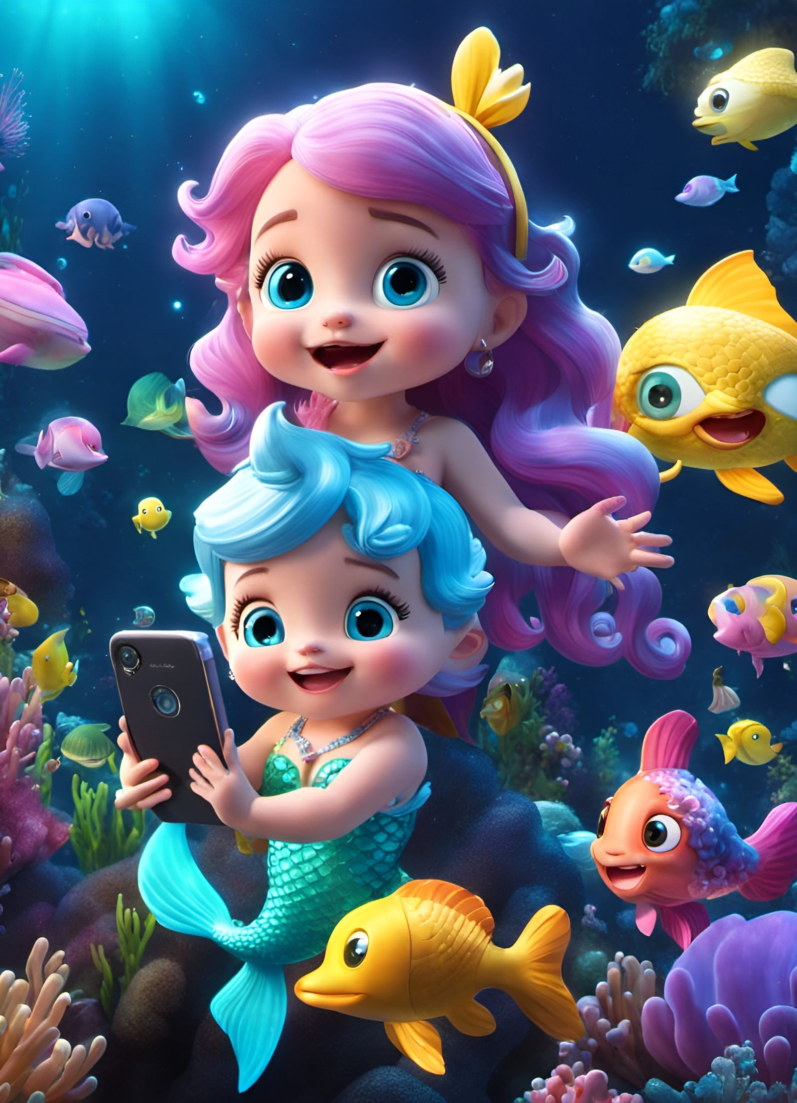 Bioluminescent Mermaids Take a Selfie: 3D CGI Rendering