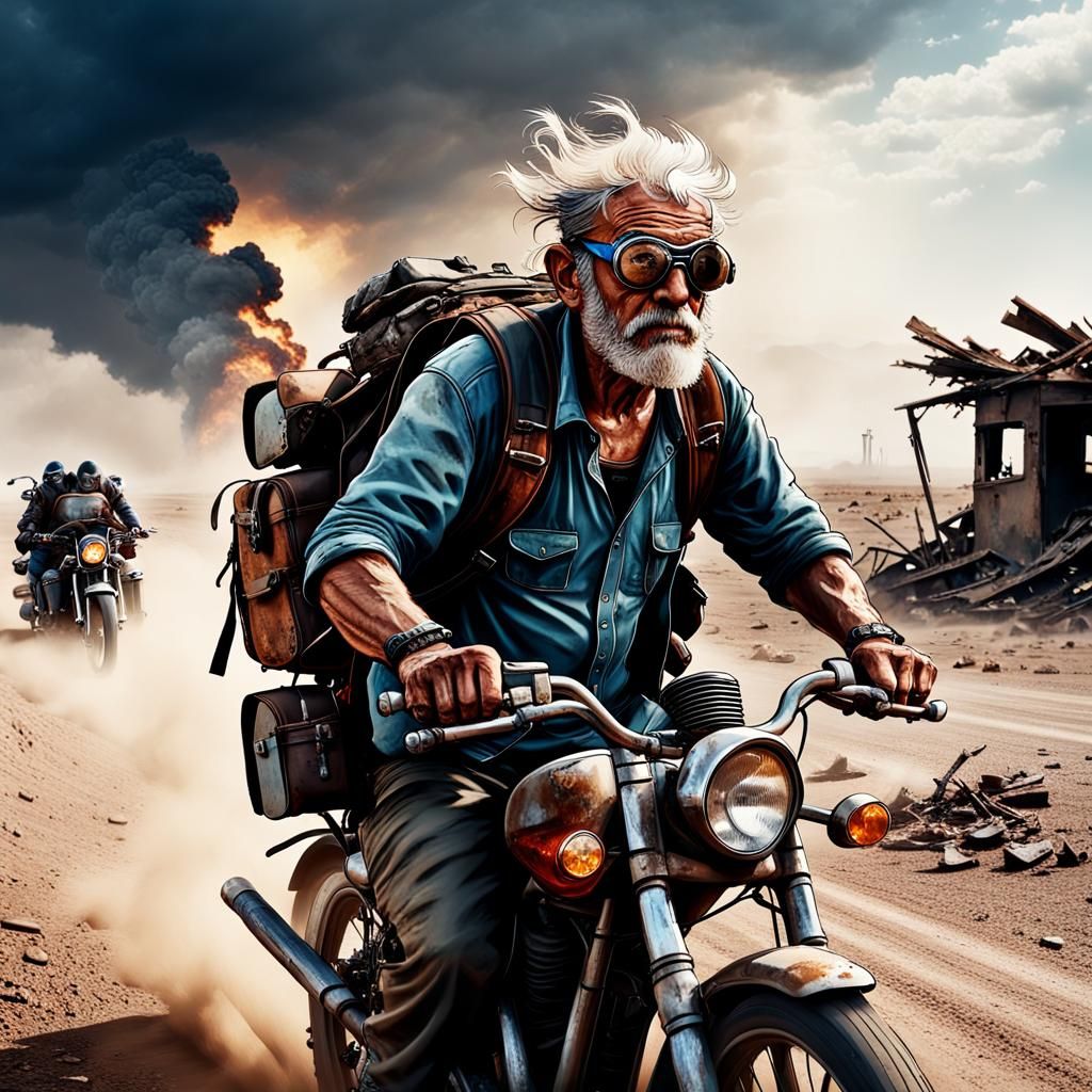 Old Biker Rides Wreckage Motorcycle on Desert Road