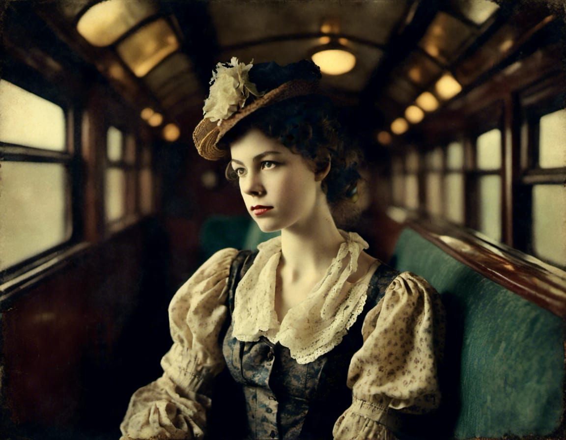 Aestheticism portrait of a woman dark colors in a train cabin classy