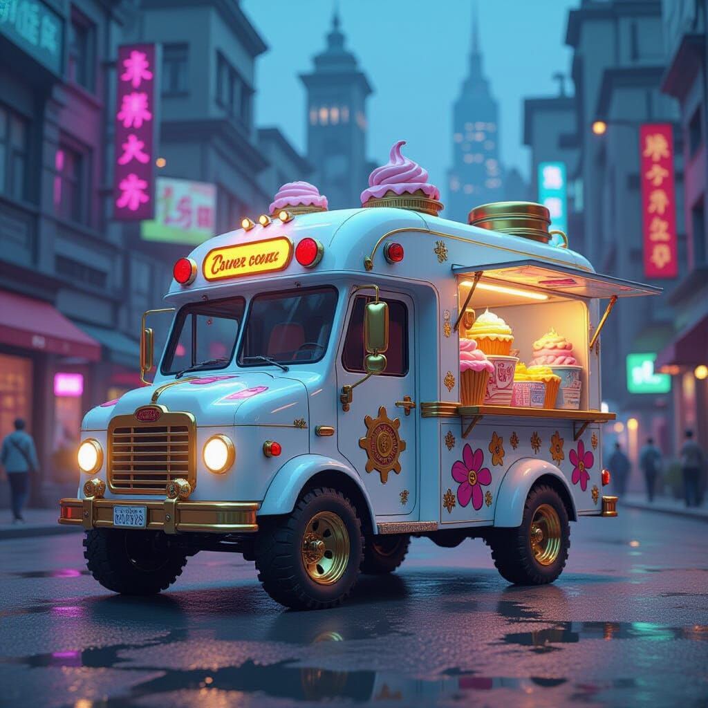 Armored Cartoon Ice Cream Truck in Fantasy City