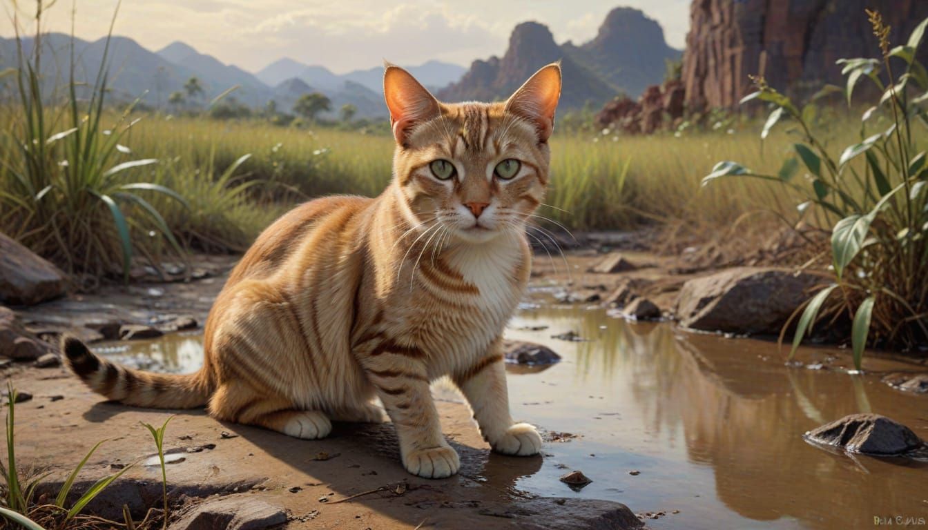 Tabby Cat in Wasteland, Classic Painting Style