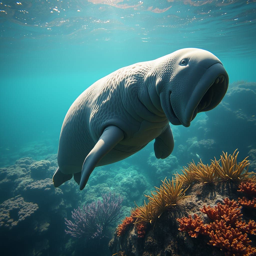 Dugong Swimming in Crystal Clear Ocean with Coral Reefs