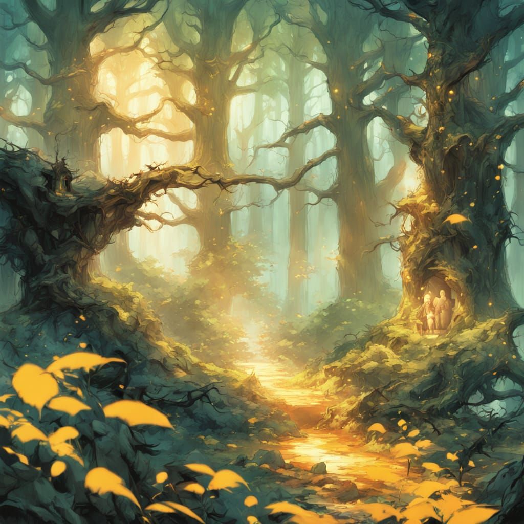 Enchanted Forest Clearing with Glowing Fog and Sprites