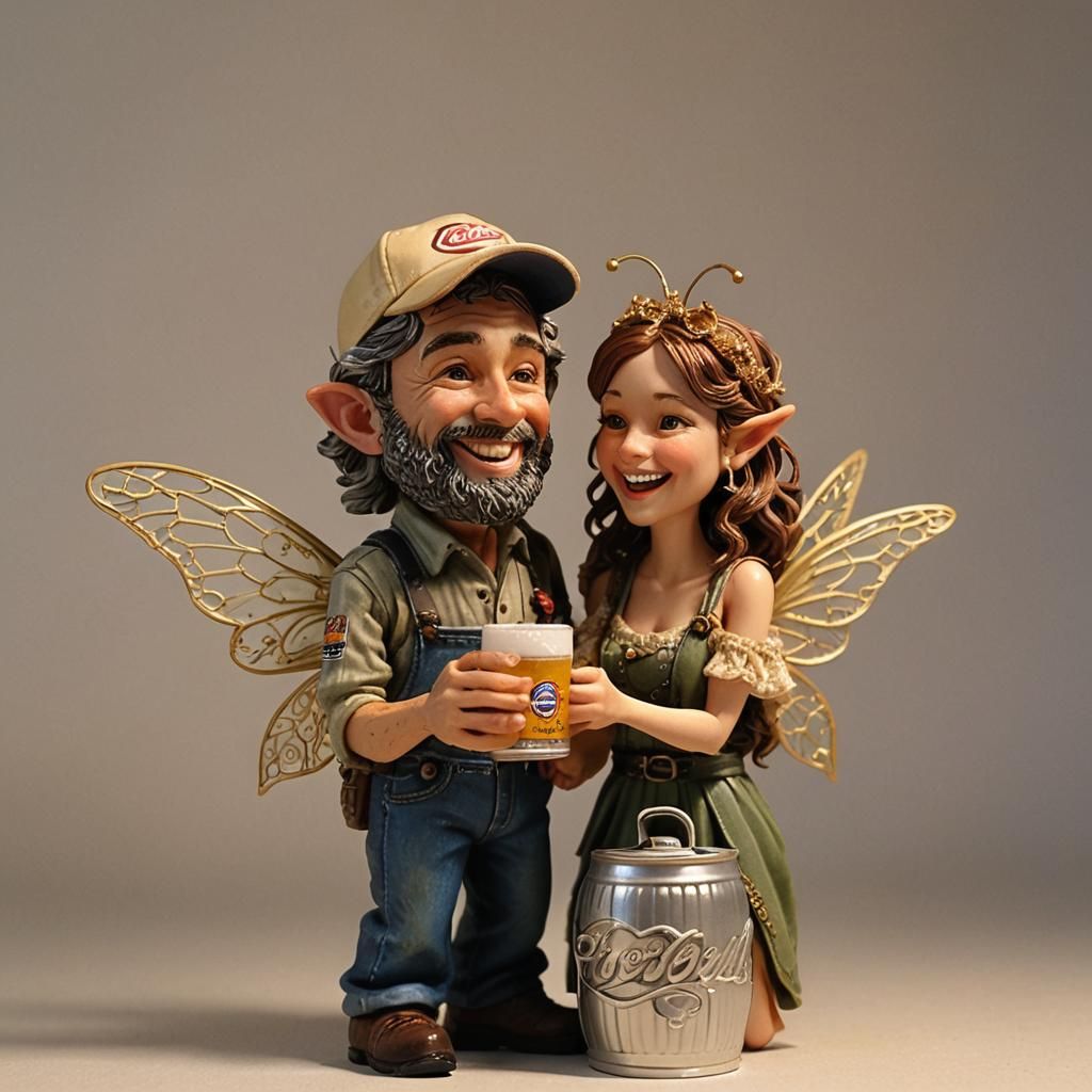Hyperrealistic Miniature Fairy Couple in Beer Garden