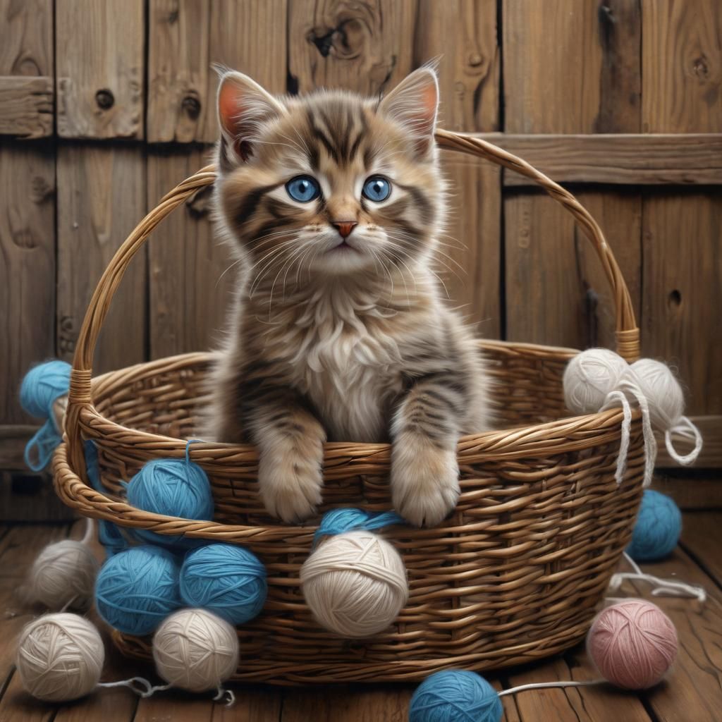 Tabby Kitten with Neon Eyes in Cabin Drawing