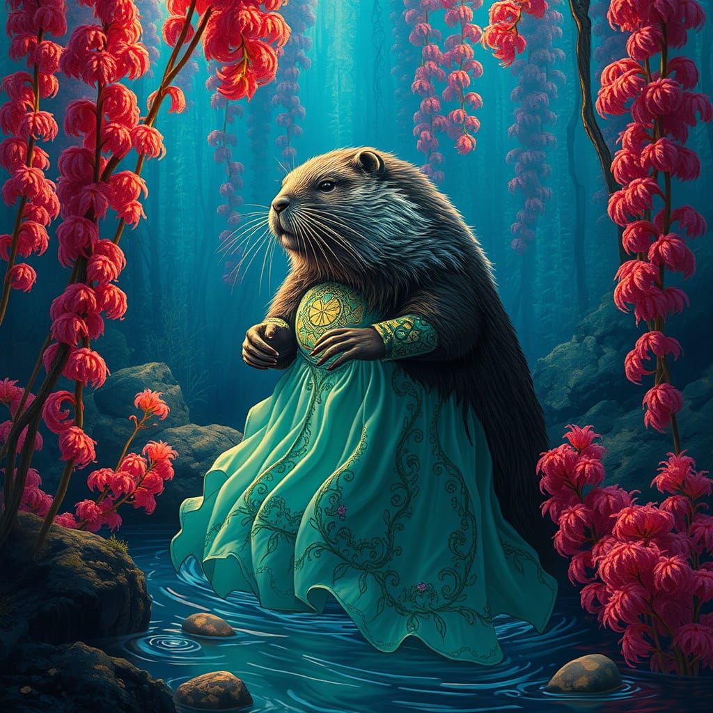 Solarpunk Beaver Emerges from Kelp Forest in Ethereal Realis...