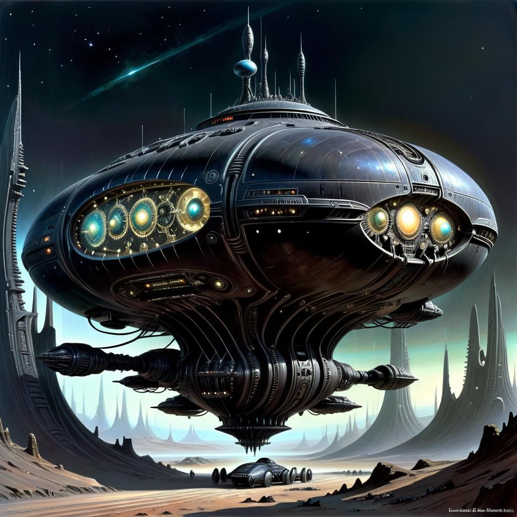 Colossal Black Spaceship in Biopunk Extraterrestrial Landsca...