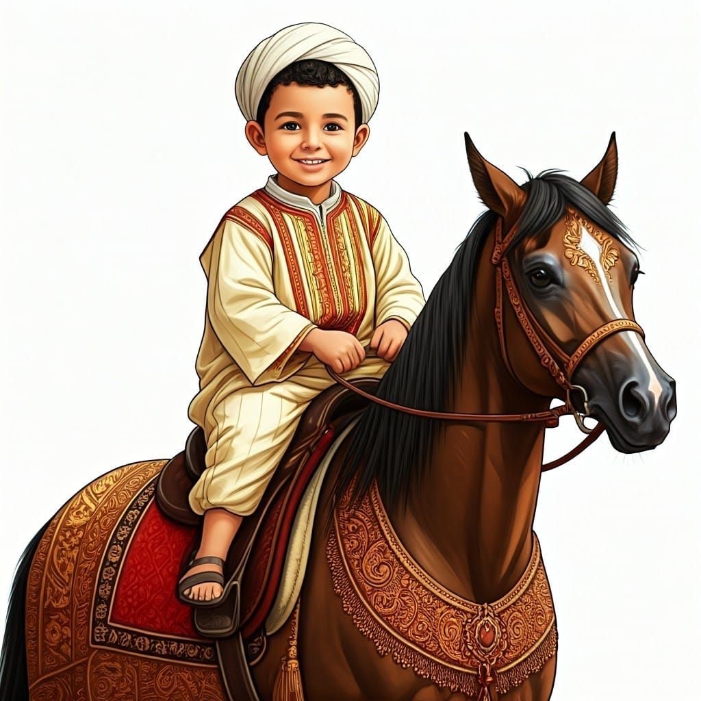 A 4-year-old Algerian boy, realistic anime, riding a horse, ...