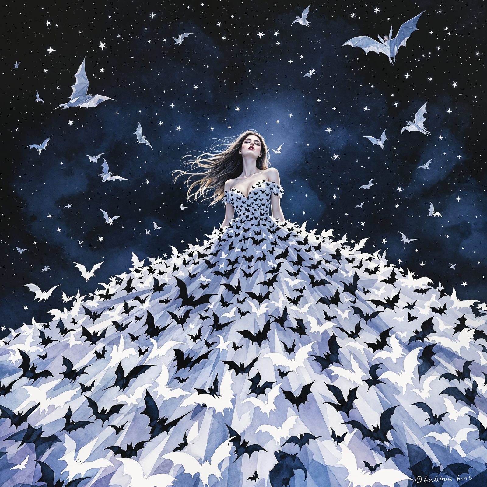 Bat Queen Under Starry Skies: Watercolor Art