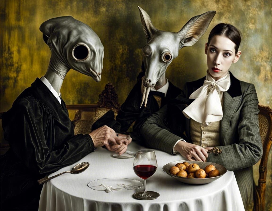Surreal Restaurant Scene with Exotic Aliens