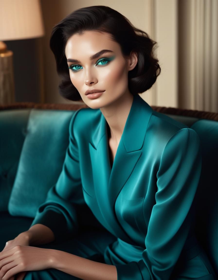Portrait of Woman with Teal Eyes on Cream Sofa