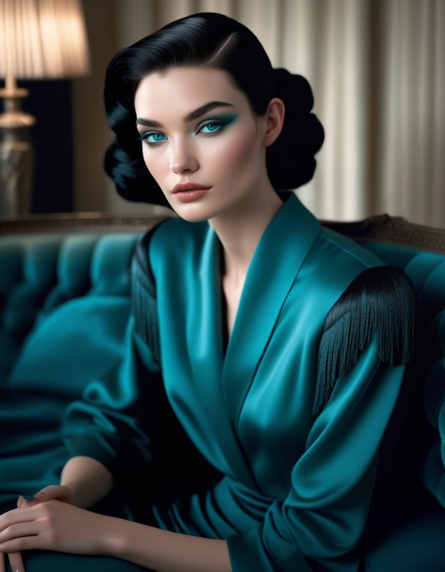 Woman on Cream Sofa in Photorealistic Style