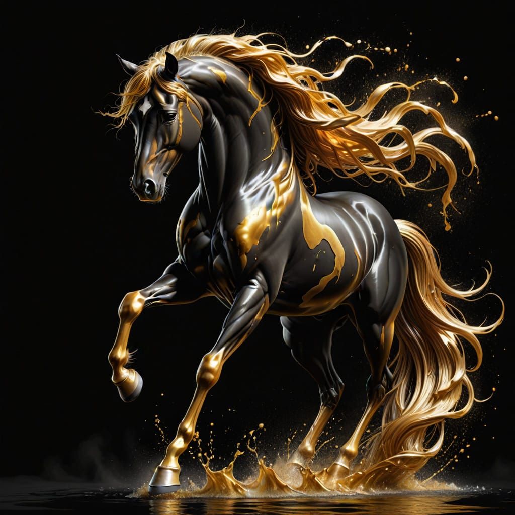 Vibrant Liquid Horse in Splashing Gold and Black