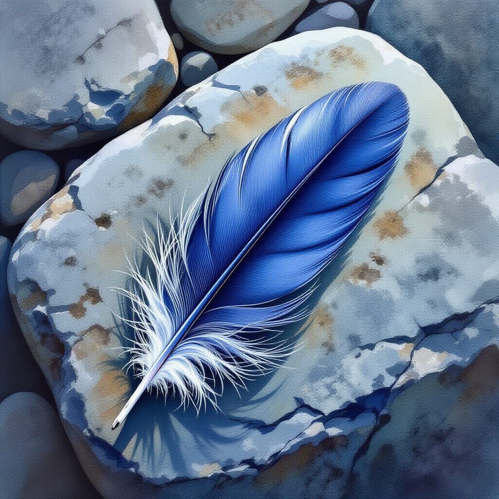 Watercolor Raven Feather on Weathered Stone