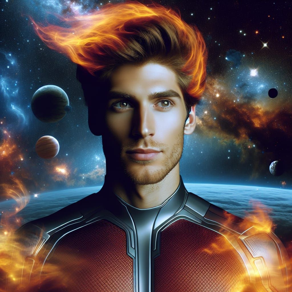 Fiery Haired Superhero in Outer Space