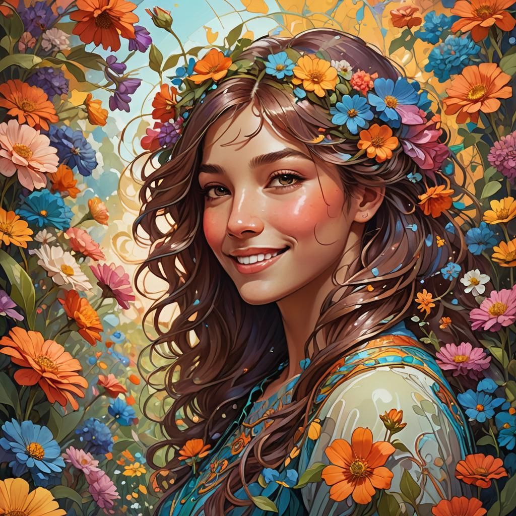 Colorful Flower Garden Portrait in Splash Art Style
