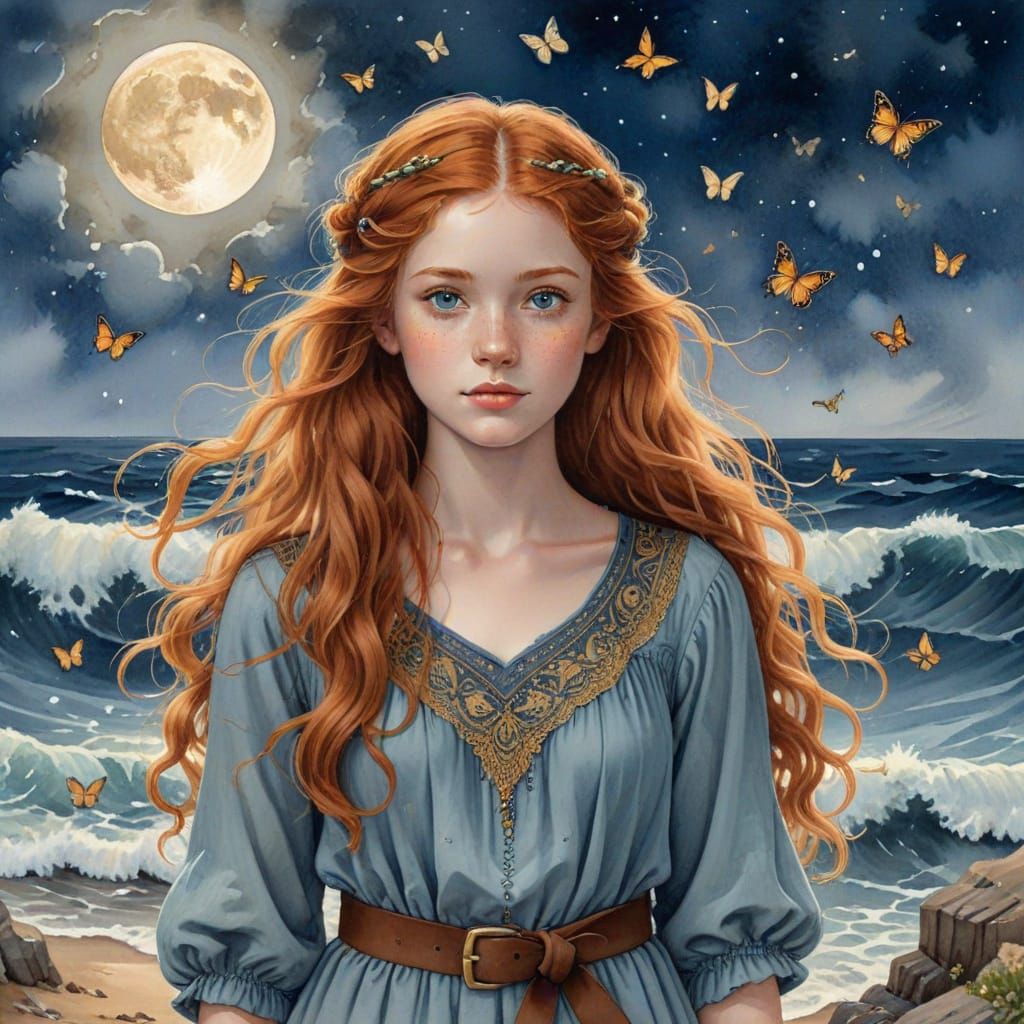 Watercolor Painting of a Red-Haired Girl by the Ocean