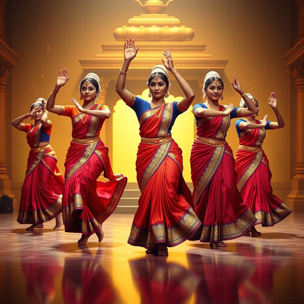 Bharatanatyam Dancers in Ancient Temple Setting
