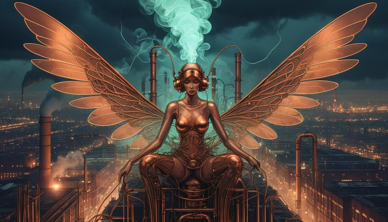 Steampunk Fairy in Industrial Cityscape Poster Art