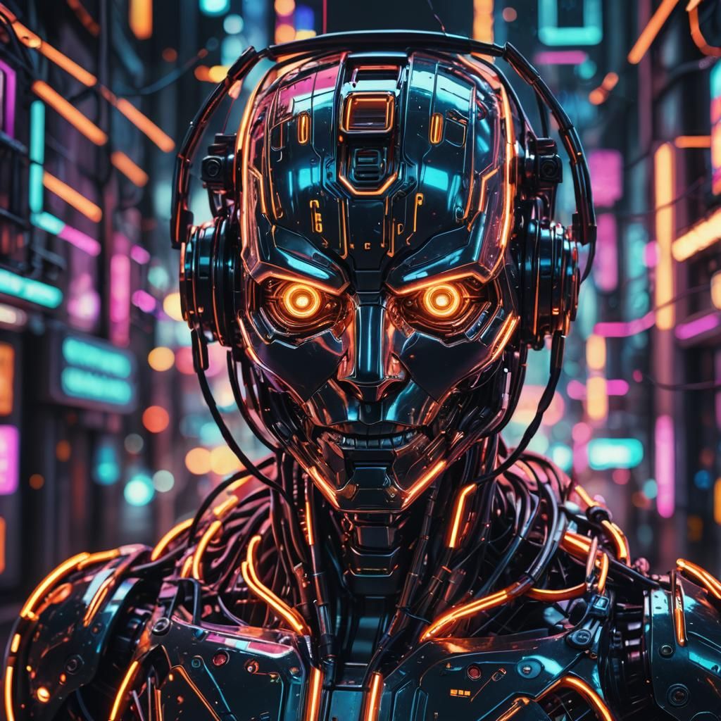 Futuristic Robot Portrait in a Neon City