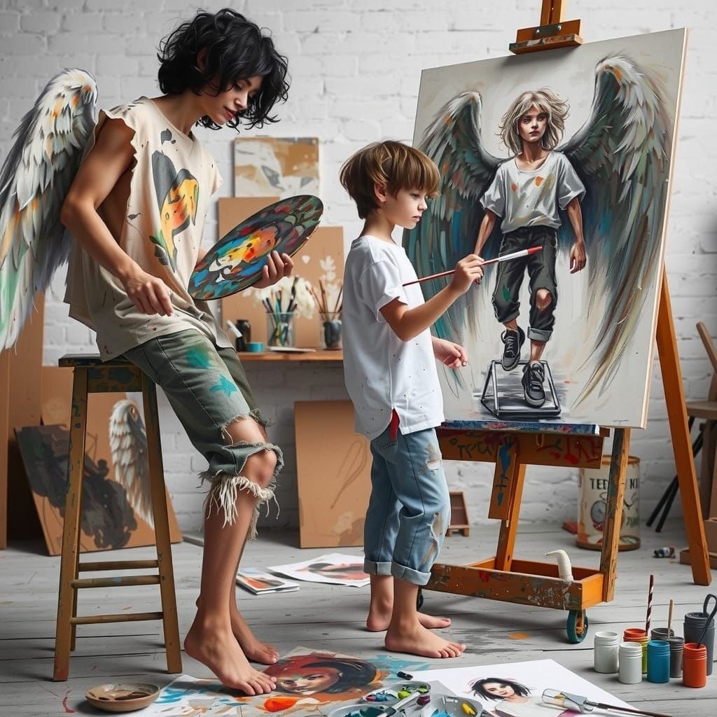 Warm Art Teacher Surrounded by Creative Chaos