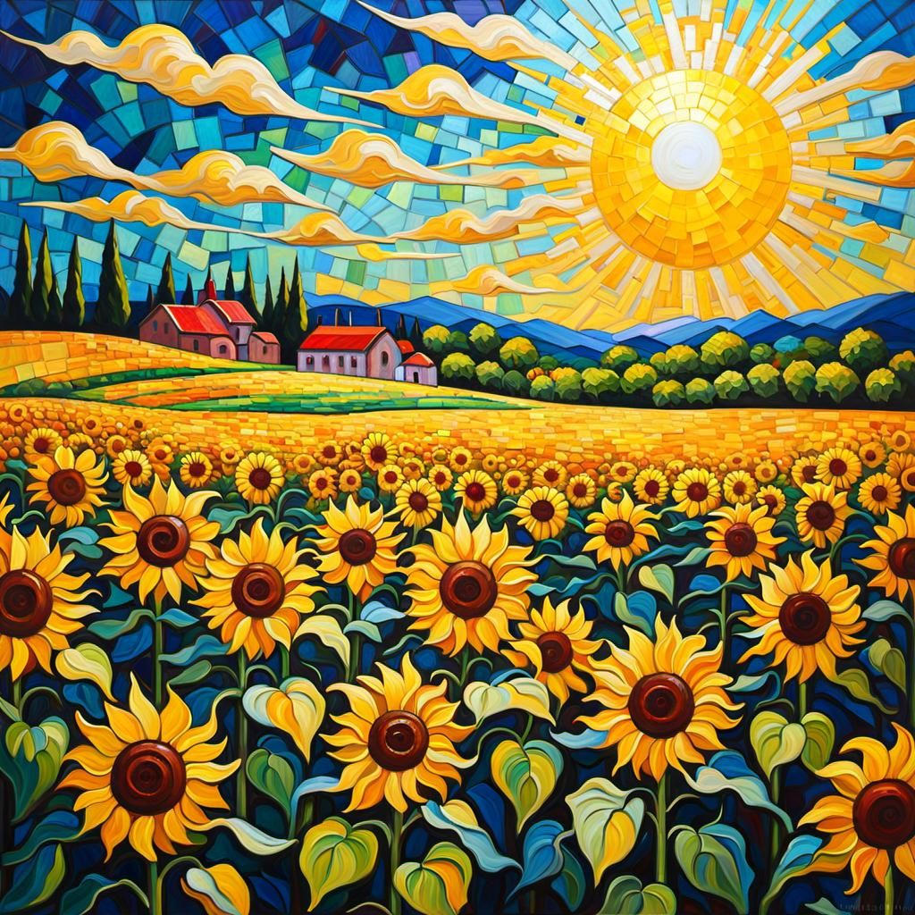 Stained Glass Sun Rising Over Sunflower Field
