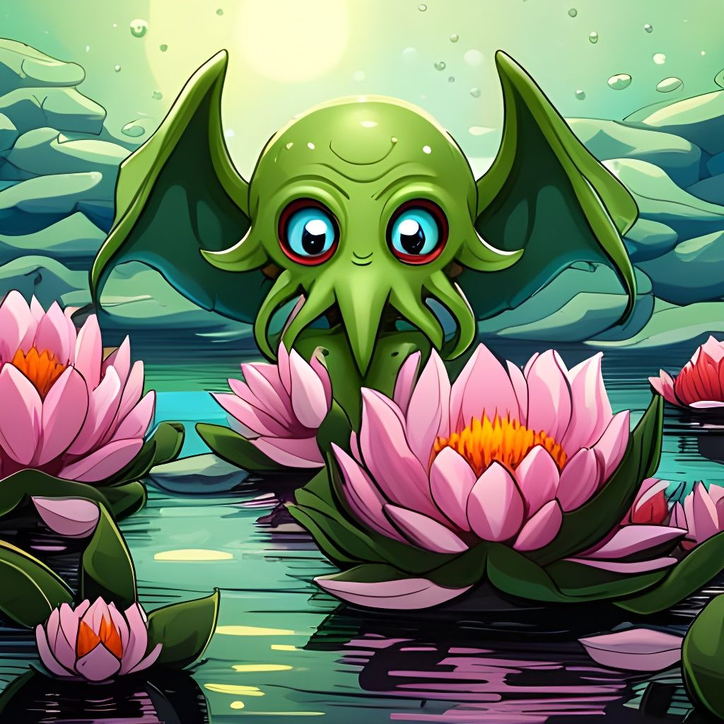 Adorable Chibi Cthulhu in Lily Pond: Fantasy Art