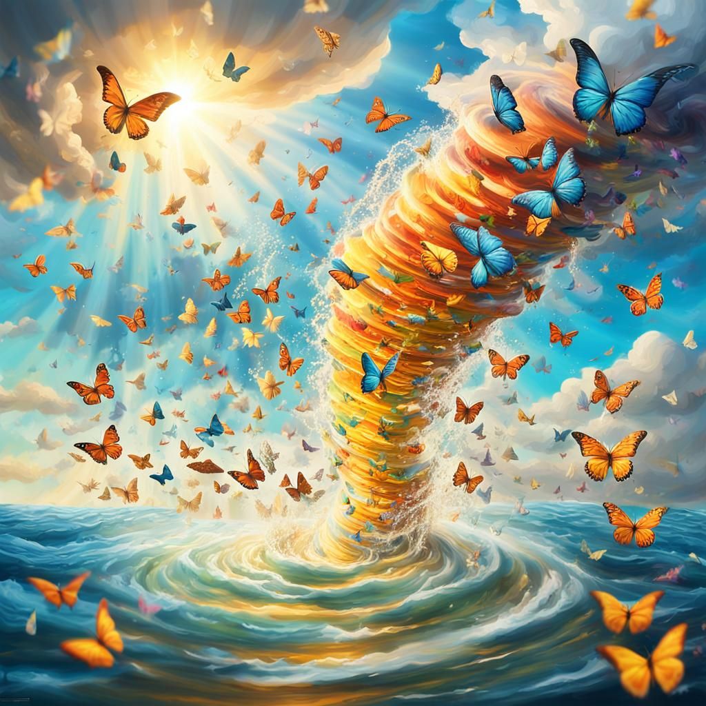 Butterflies Emerge from Ocean Waterspout in Vibrant Oil Pain...