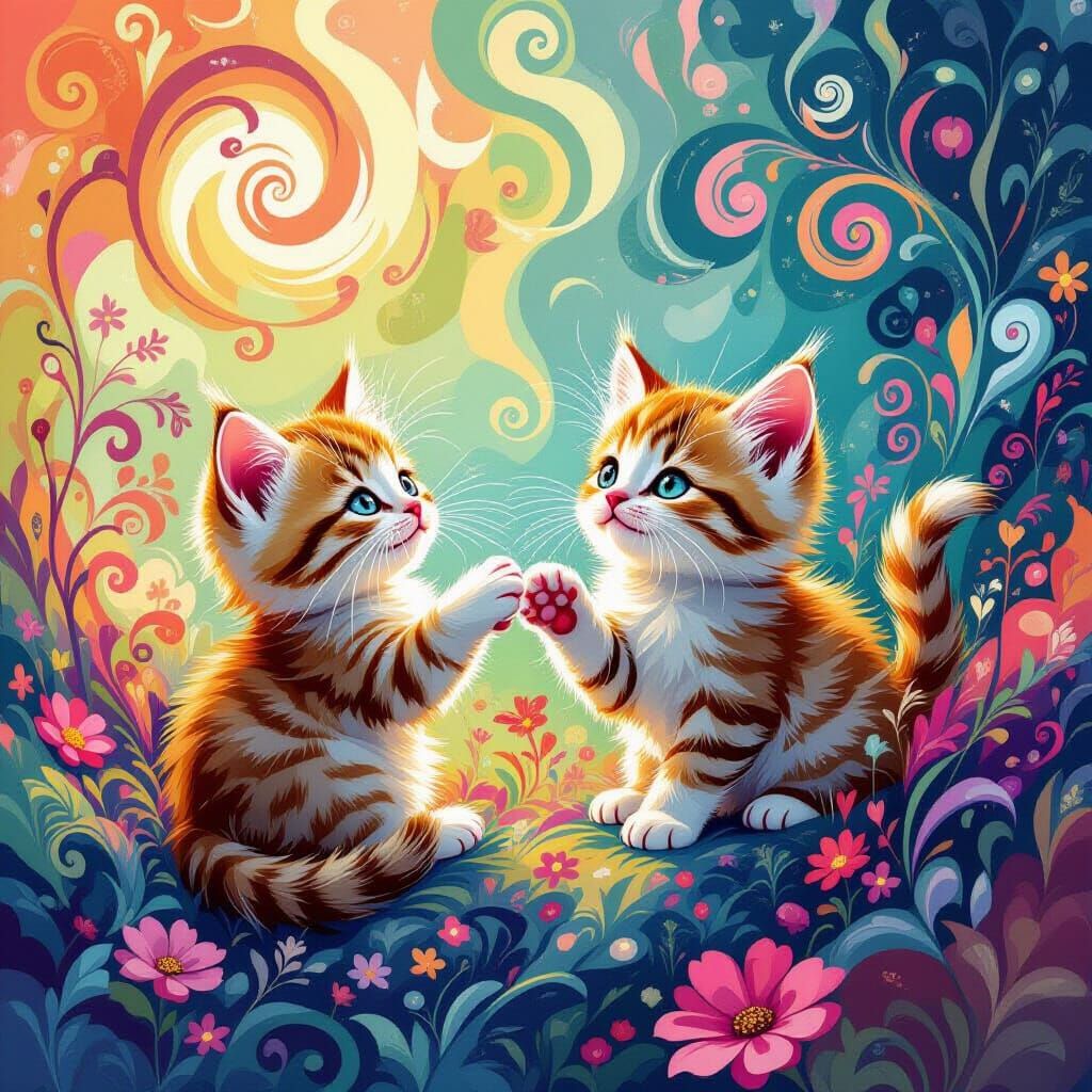 Whimsical Kittens Playing in Dreamy Swirls