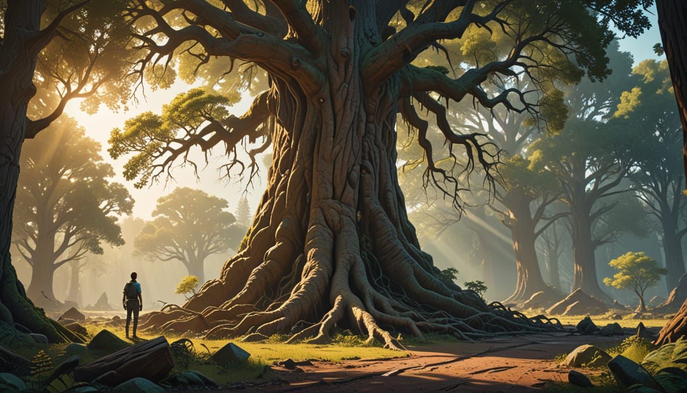 Prehistoric Human Awe Before Colossal Ancient Tree