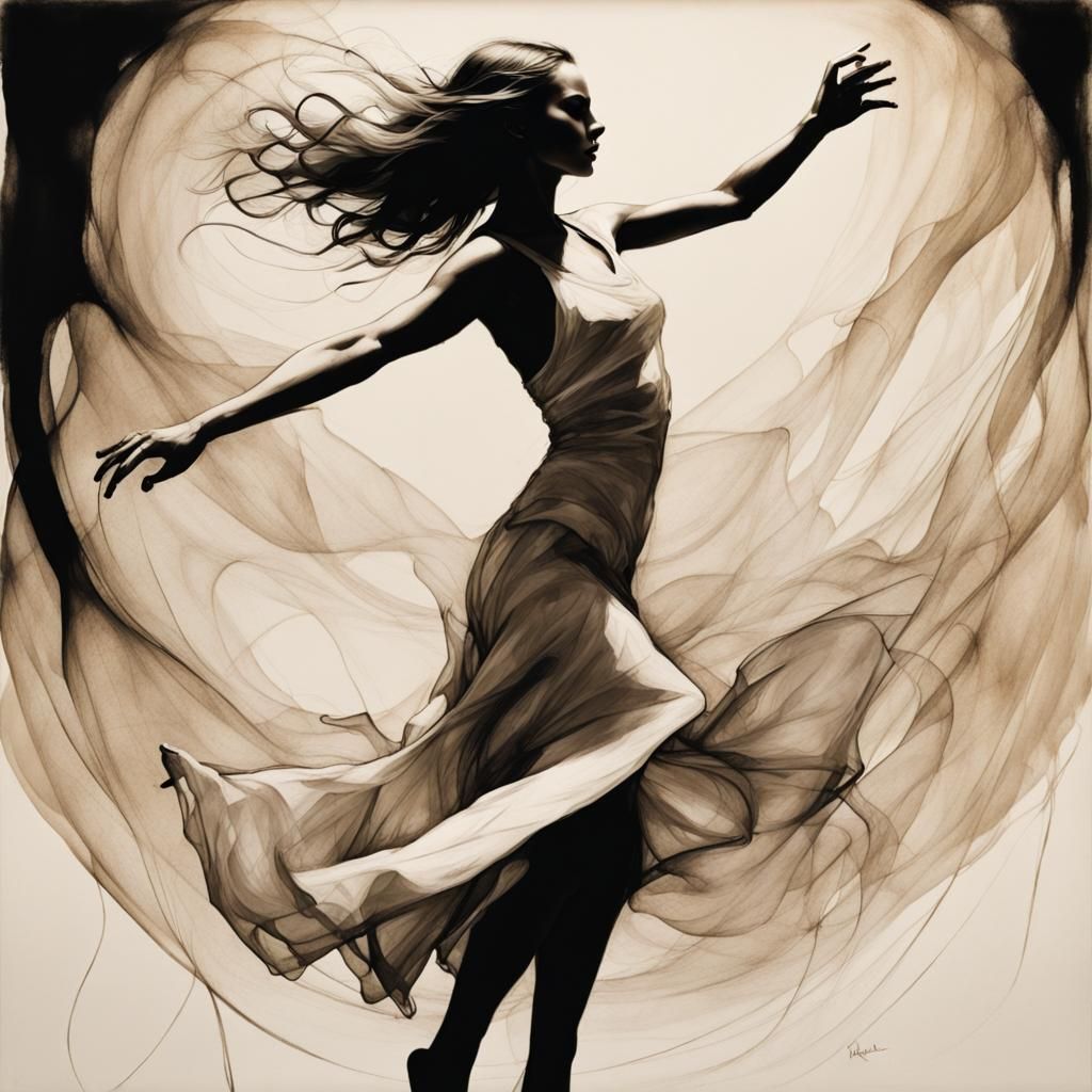 Fantasy Woman Dancing in Abstract Ink Sketch