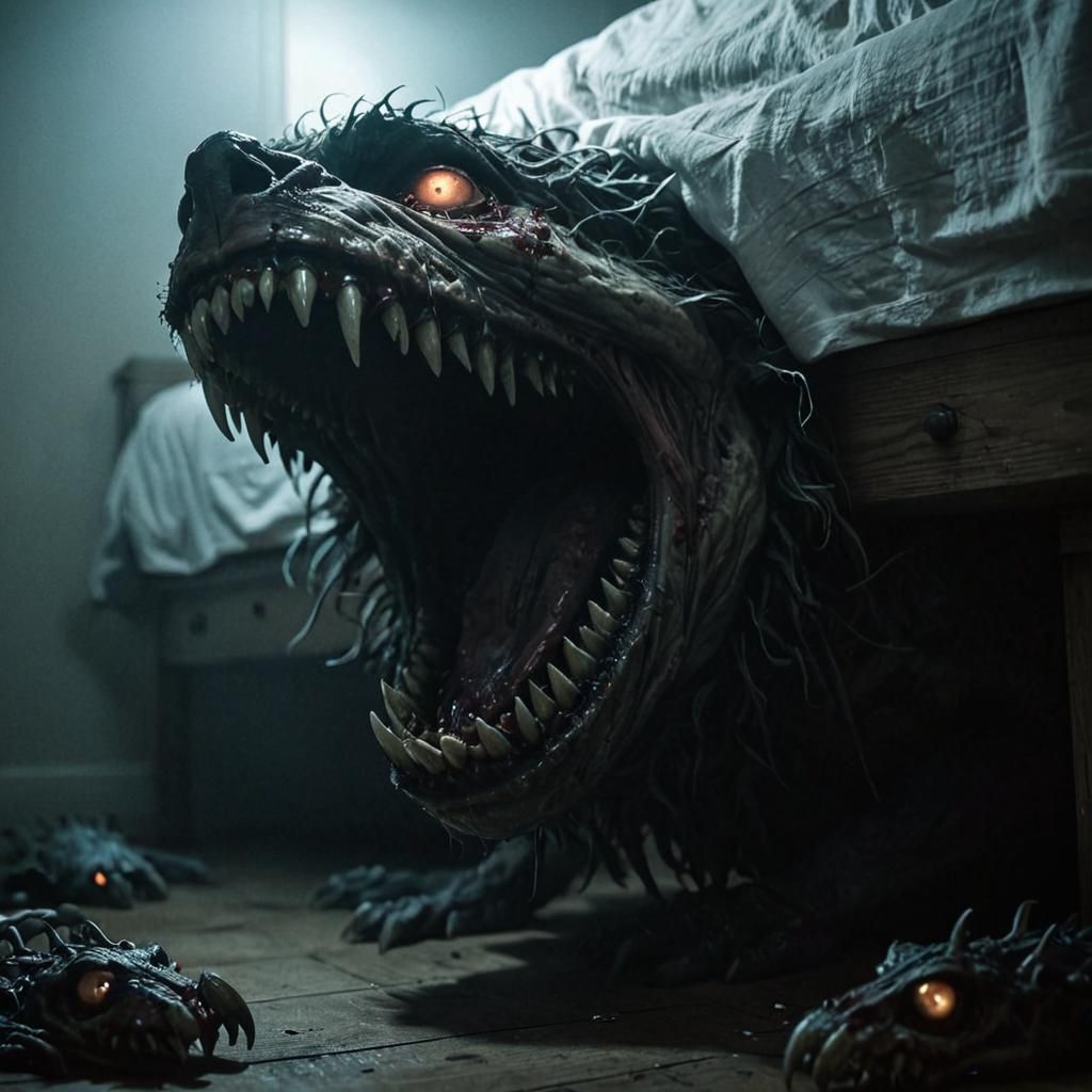 Terrifying Creature Hiding Under Bed in Horror Illustration