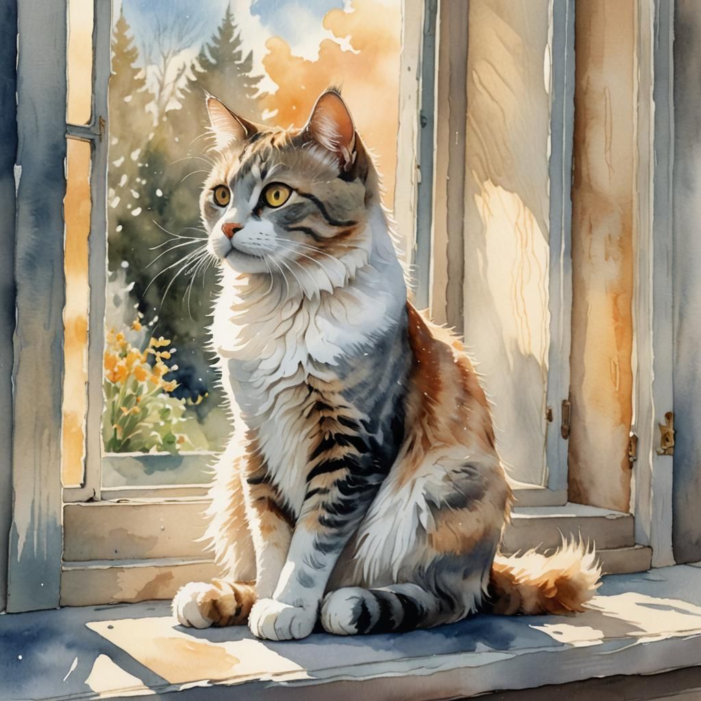 Whimsical Cat on Windowsill in Watercolor Style