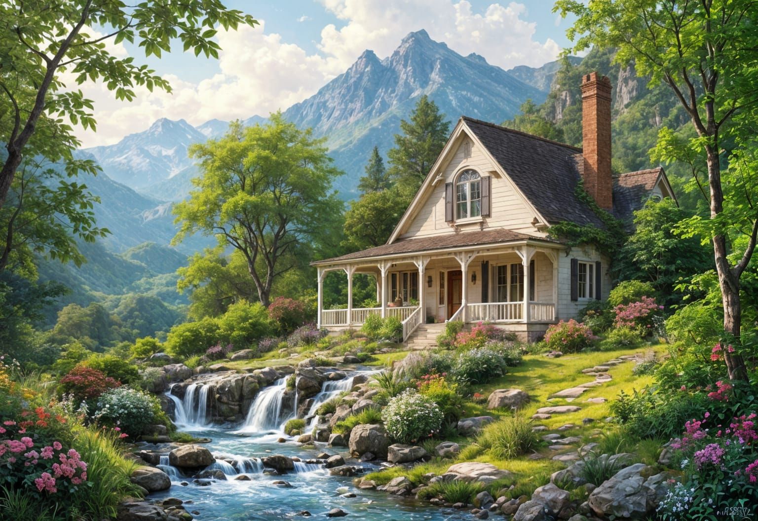 Serene Country House: Digital Illustration in Gouache Impast...
