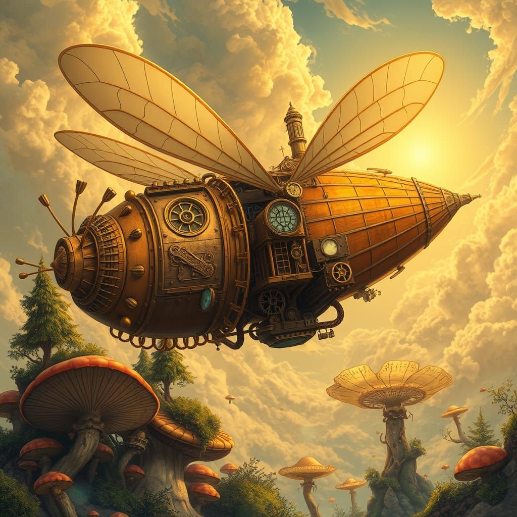 Steampunk Bee Airship Soaring Through Fantasy Forest
